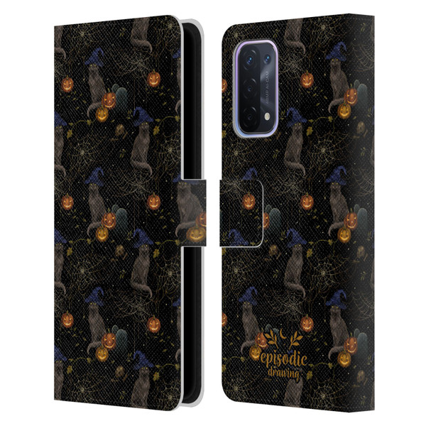 Episodic Drawing Spooky Patterns Cat's Halloween Hat Leather Book Wallet Case Cover For OPPO A54 5G