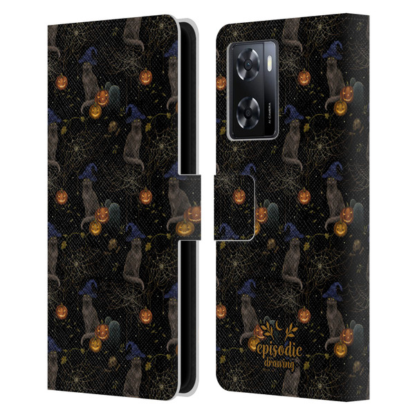 Episodic Drawing Spooky Patterns Cat's Halloween Hat Leather Book Wallet Case Cover For OPPO A57s