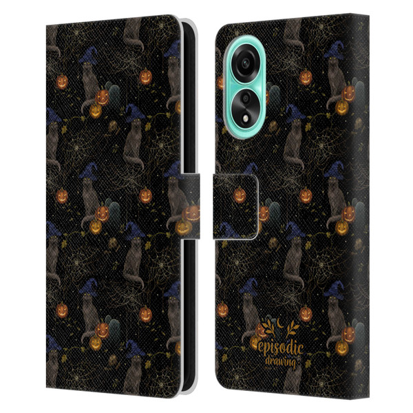 Episodic Drawing Spooky Patterns Cat's Halloween Hat Leather Book Wallet Case Cover For OPPO A78 4G