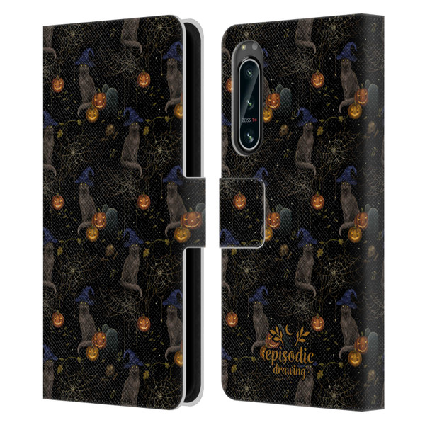 Episodic Drawing Spooky Patterns Cat's Halloween Hat Leather Book Wallet Case Cover For Sony Xperia 5 IV
