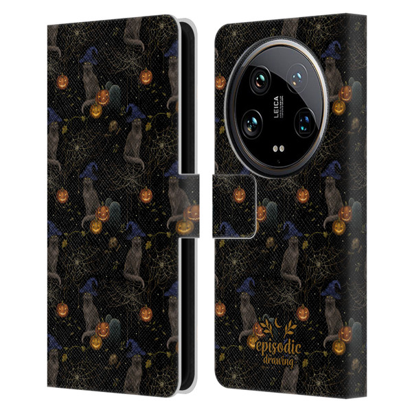 Episodic Drawing Spooky Patterns Cat's Halloween Hat Leather Book Wallet Case Cover For Xiaomi 14 Ultra