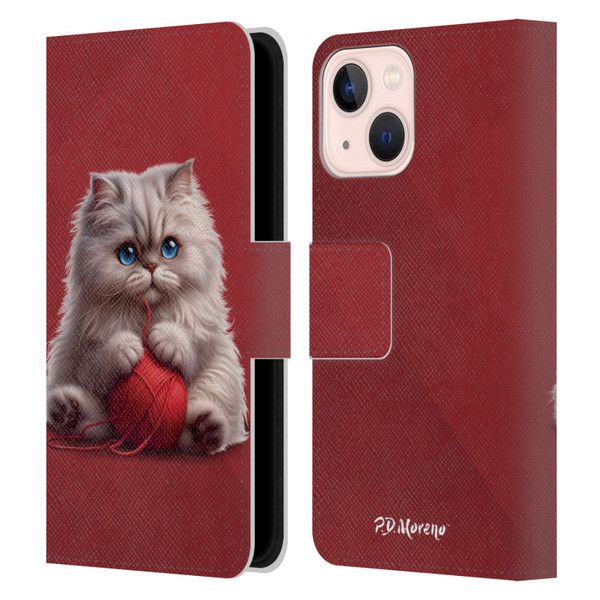 P.D. Moreno Play Cat Artwork Red Yarn Leather Book Wallet Case Cover For Apple iPhone 13 Mini