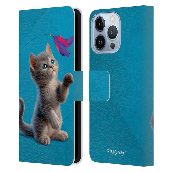 P.D. Moreno Play Cat Artwork Toy Feather Leather Book Wallet Case Cover For Apple iPhone 13 Pro