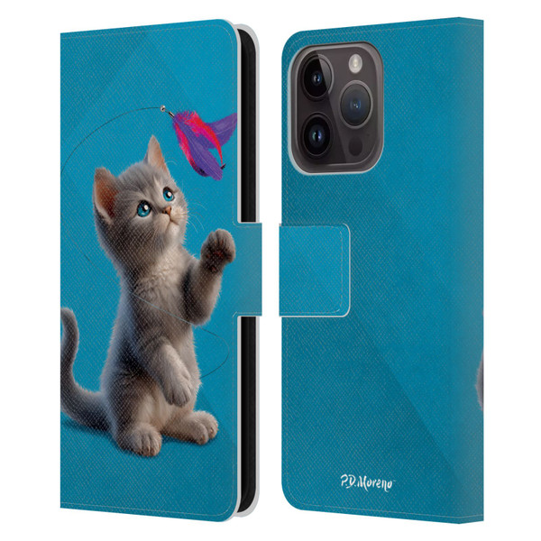 P.D. Moreno Play Cat Artwork Toy Feather Leather Book Wallet Case Cover For Apple iPhone 15 Pro