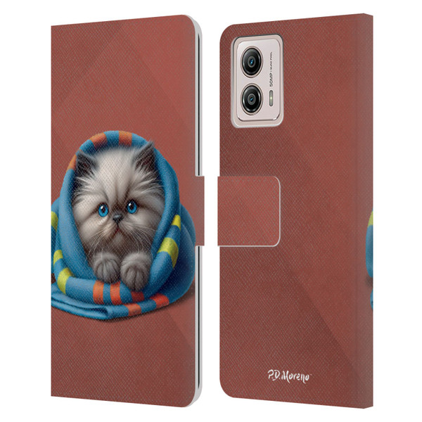 P.D. Moreno Play Cat Artwork Blue Towel Leather Book Wallet Case Cover For Motorola Moto G53 5G