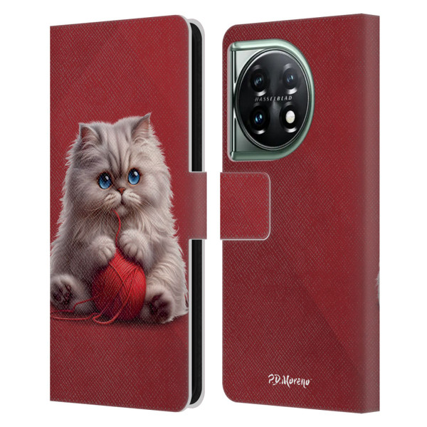 P.D. Moreno Play Cat Artwork Red Yarn Leather Book Wallet Case Cover For OnePlus 11 5G