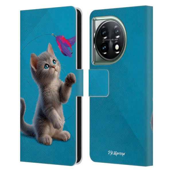 P.D. Moreno Play Cat Artwork Toy Feather Leather Book Wallet Case Cover For OnePlus 11 5G