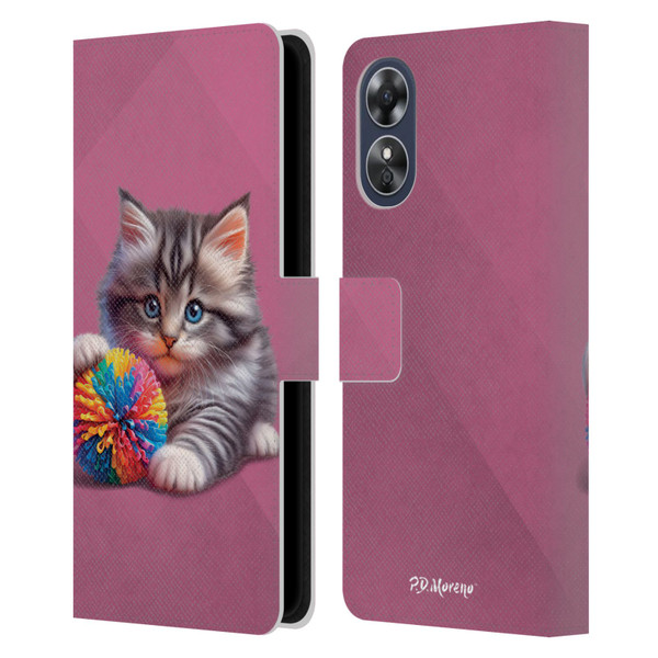 P.D. Moreno Play Cat Artwork Spikey Ball Leather Book Wallet Case Cover For OPPO A17