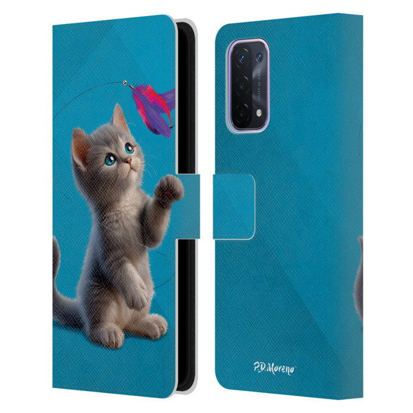 P.D. Moreno Play Cat Artwork Toy Feather Leather Book Wallet Case Cover For OPPO A54 5G