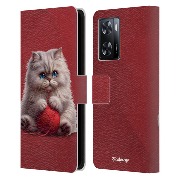 P.D. Moreno Play Cat Artwork Red Yarn Leather Book Wallet Case Cover For OPPO A57s