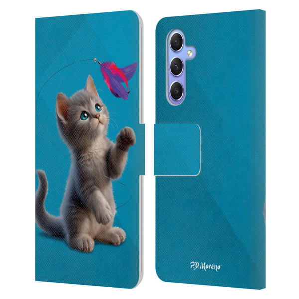 P.D. Moreno Play Cat Artwork Toy Feather Leather Book Wallet Case Cover For Samsung Galaxy A34 5G