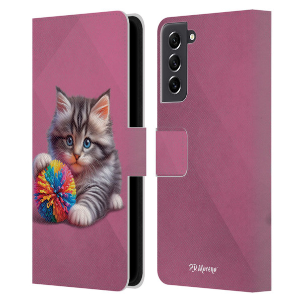 P.D. Moreno Play Cat Artwork Spikey Ball Leather Book Wallet Case Cover For Samsung Galaxy S21 FE 5G