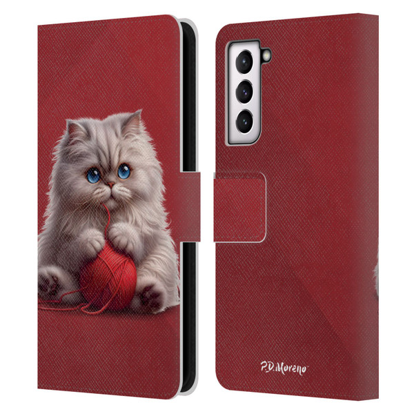 P.D. Moreno Play Cat Artwork Red Yarn Leather Book Wallet Case Cover For Samsung Galaxy S21 5G