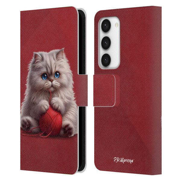 P.D. Moreno Play Cat Artwork Red Yarn Leather Book Wallet Case Cover For Samsung Galaxy S23 5G