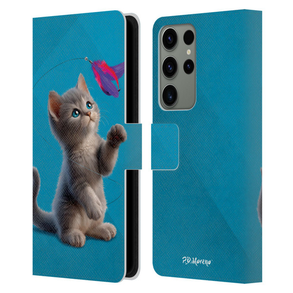P.D. Moreno Play Cat Artwork Toy Feather Leather Book Wallet Case Cover For Samsung Galaxy S23 Ultra 5G