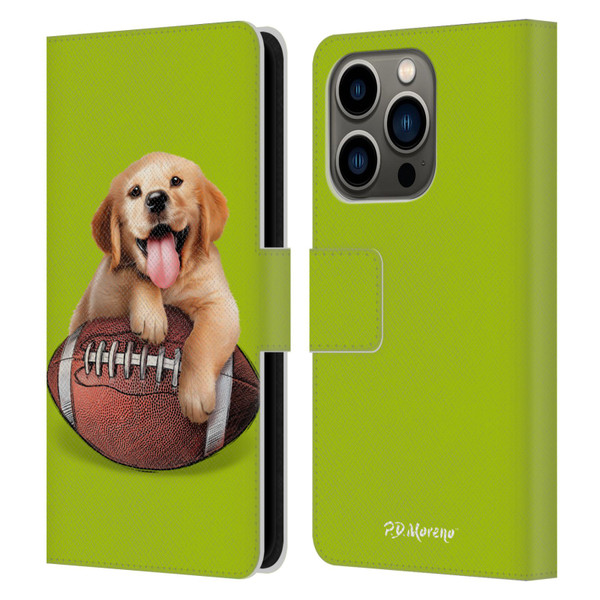 P.D. Moreno Sport Puppies Golden Retriever Football Leather Book Wallet Case Cover For Apple iPhone 14 Pro