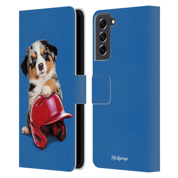 P.D. Moreno Sport Puppies Australian Shepherd Helmet Leather Book Wallet Case Cover For Samsung Galaxy S21 FE 5G