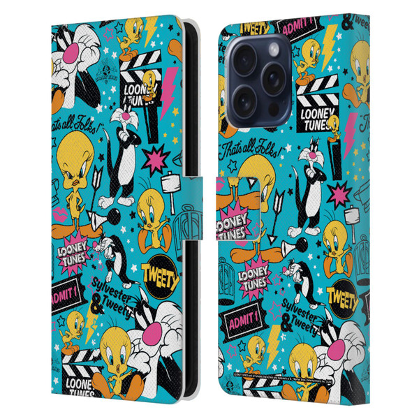 Looney Tunes Graphics and Characters Tweety And Sylvester Leather Book Wallet Case Cover For Apple iPhone 16 Pro Max