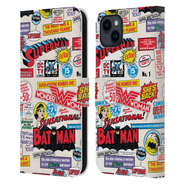 Justice League DC Comics 90th Anniversary Logo Pattern Leather Book Wallet Case Cover For Apple iPhone 15 Plus