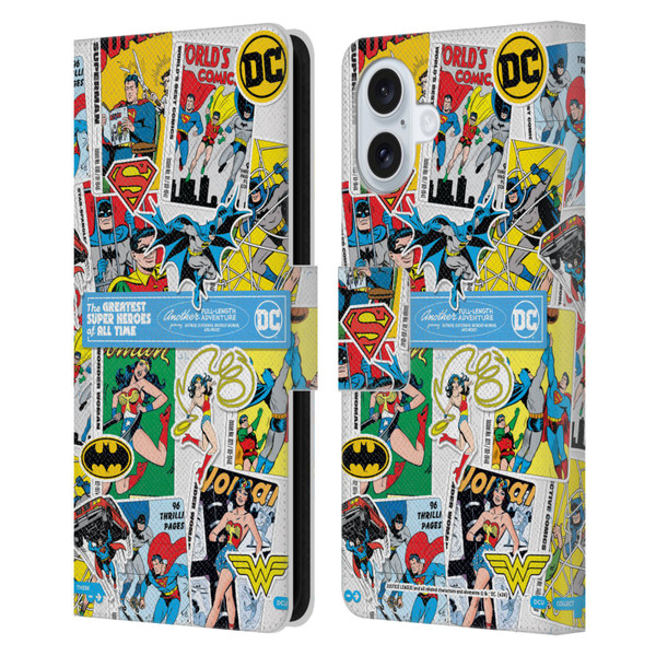 Justice League DC Comics 90th Anniversary Sticker Collage Leather Book Wallet Case Cover For Apple iPhone 16 Plus