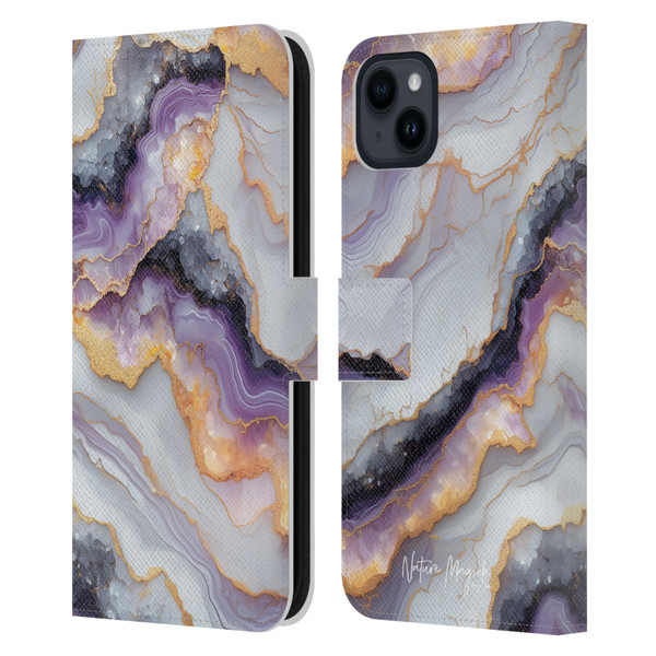 Nature Magick Plum Marble Limpid Leather Book Wallet Case Cover For Apple iPhone 15 Plus