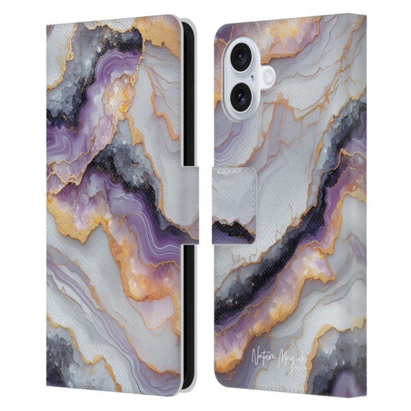 Nature Magick Plum Marble Limpid Leather Book Wallet Case Cover For Apple iPhone 16 Plus