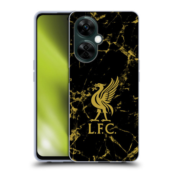 Liverpool Football Club Crest & Liverbird Patterns 1 Black & Gold Marble Soft Gel Case for OnePlus Nord N30