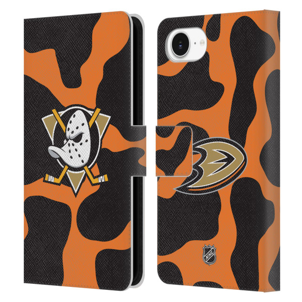 NHL Anaheim Ducks Cow Pattern Leather Book Wallet Case Cover For Apple iPhone 16e / Apple iPhone 17e
