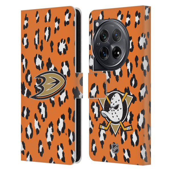 NHL Anaheim Ducks Leopard Patten Leather Book Wallet Case Cover For OnePlus 12