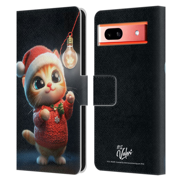 D.S. Valori Kitty And Puppy Kitty Christmas Light Leather Book Wallet Case Cover For Google Pixel 7a