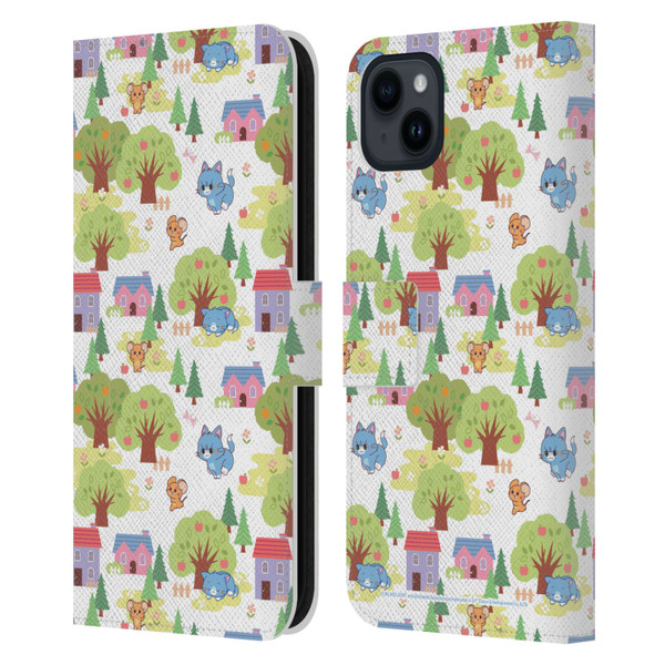 Tom and Jerry Gokko Graphics Trees Pattern Leather Book Wallet Case Cover For Apple iPhone 15 Plus