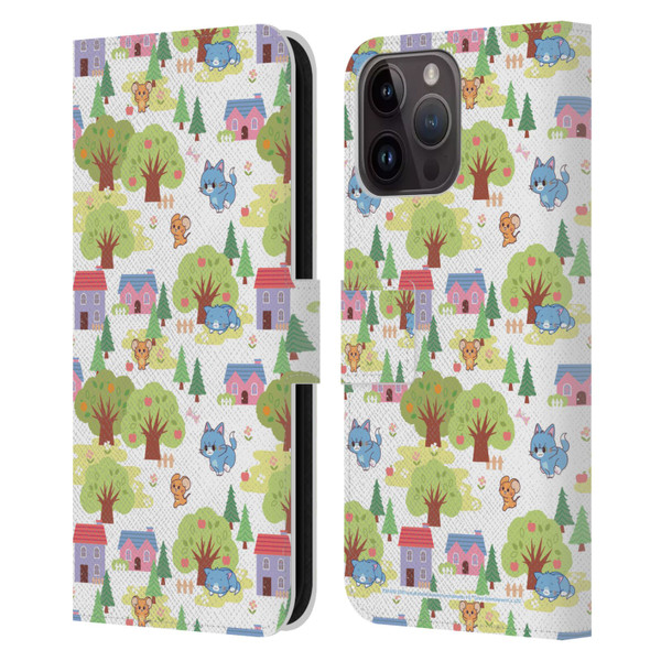 Tom and Jerry Gokko Graphics Trees Pattern Leather Book Wallet Case Cover For Apple iPhone 15 Pro Max