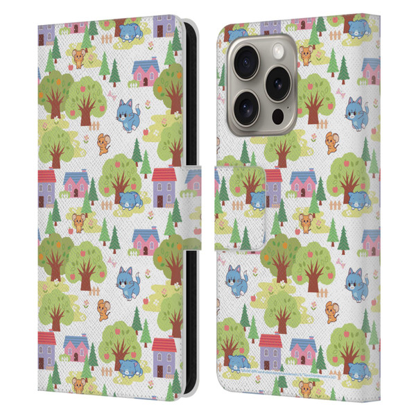 Tom and Jerry Gokko Graphics Trees Pattern Leather Book Wallet Case Cover For Apple iPhone 16 Pro