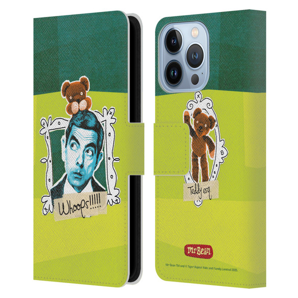 Mr. Bean Doodle Art With Teddy Leather Book Wallet Case Cover For Apple iPhone 13 Pro