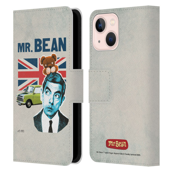 Mr. Bean London Art With Teddy Leather Book Wallet Case Cover For Apple iPhone 13 Mini