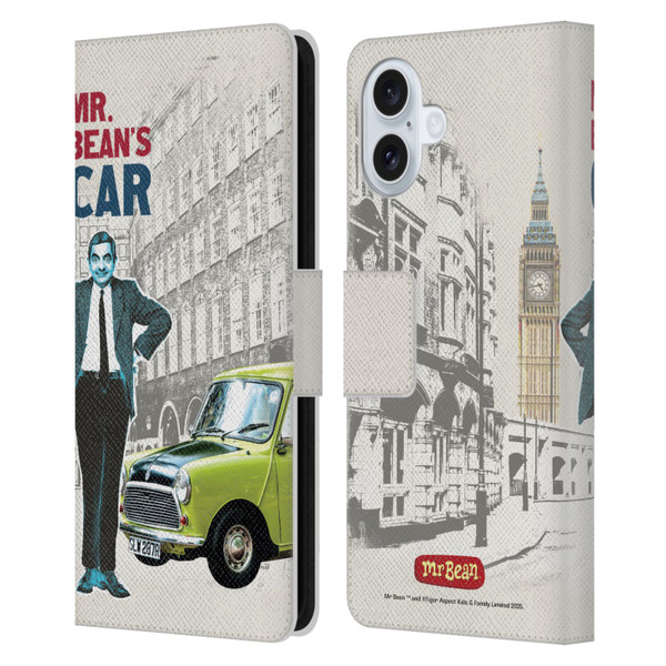 Mr. Bean London Art With Car Leather Book Wallet Case Cover For Apple iPhone 16 Plus
