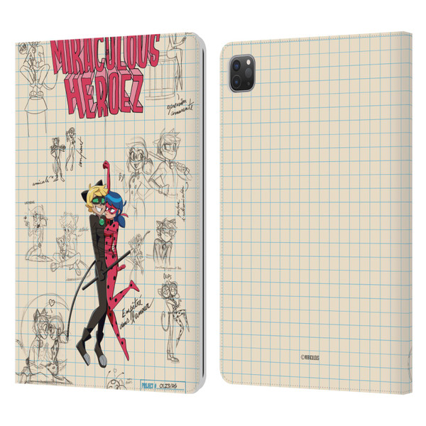 Miraculous Ladybug Sketches Ladybug And Cat Noir Leather Book Wallet Case Cover For Apple iPad Pro 11 2020 / 2021 / 2022