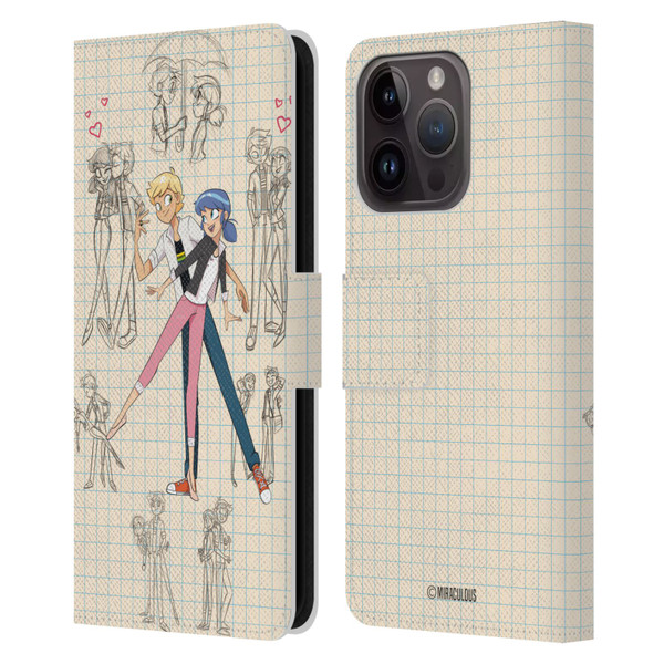 Miraculous Ladybug Sketches Marinette And Adrien Leather Book Wallet Case Cover For Apple iPhone 15 Pro