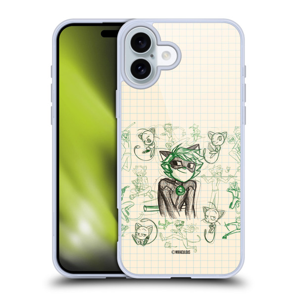 Miraculous Ladybug Sketches Cat Noir Soft Gel Case for Apple iPhone 16 Plus