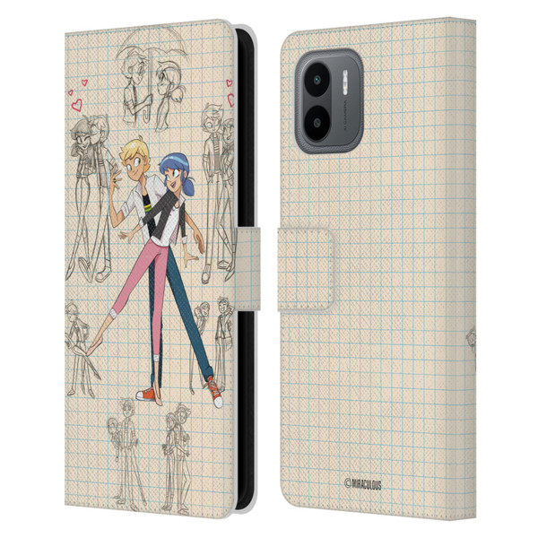 Miraculous Ladybug Sketches Marinette And Adrien Leather Book Wallet Case Cover For Xiaomi Redmi A2