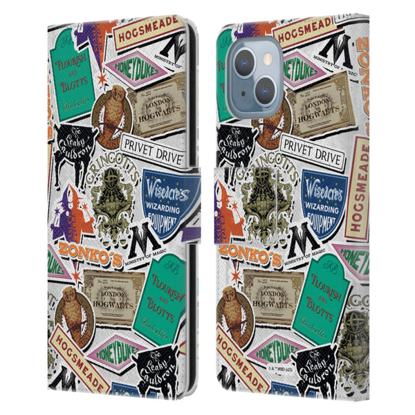 Harry Potter Locations Typography Logo Collage Leather Book Wallet Case Cover For Apple iPhone 14