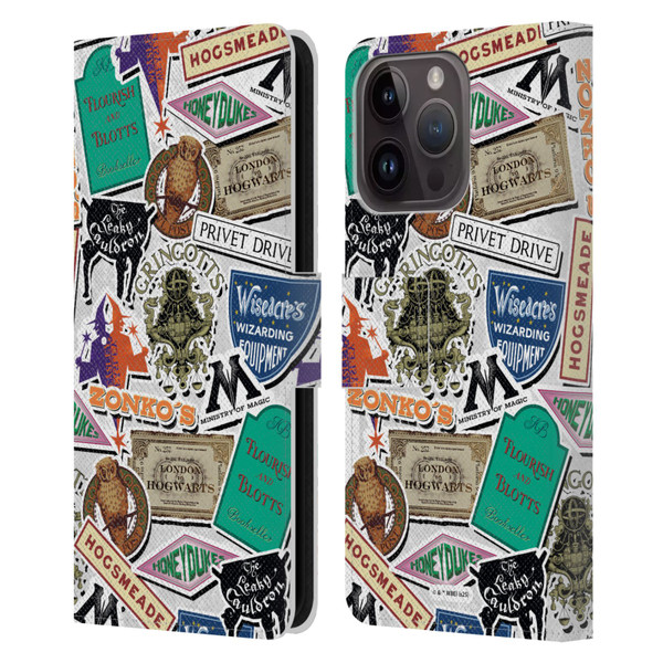 Harry Potter Locations Typography Logo Collage Leather Book Wallet Case Cover For Apple iPhone 15 Pro