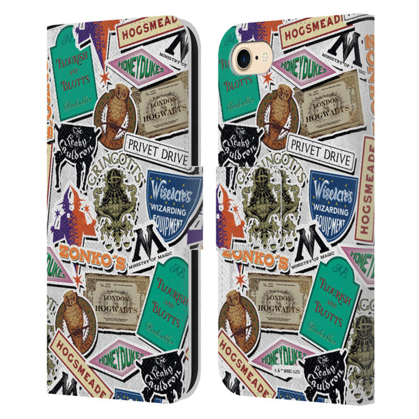 Harry Potter Locations Typography Logo Collage Leather Book Wallet Case Cover For Apple iPhone 7 / 8 / SE 2020 & 2022