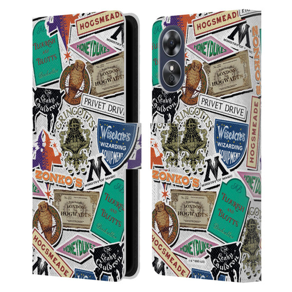 Harry Potter Locations Typography Logo Collage Leather Book Wallet Case Cover For OPPO A17