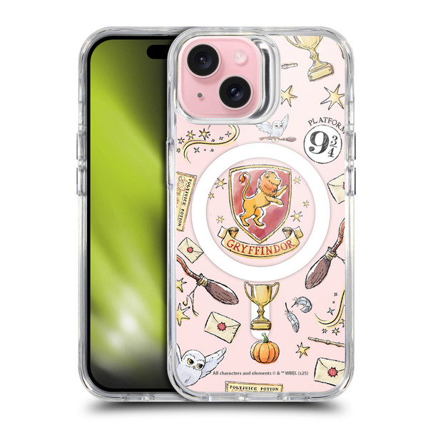 Harry Potter Magical Icons Gryffindor Pattern SHOCKPROOF BUMPER CASE COMPATIBLE WITH Apple iPhone 15 & MAGSAFE