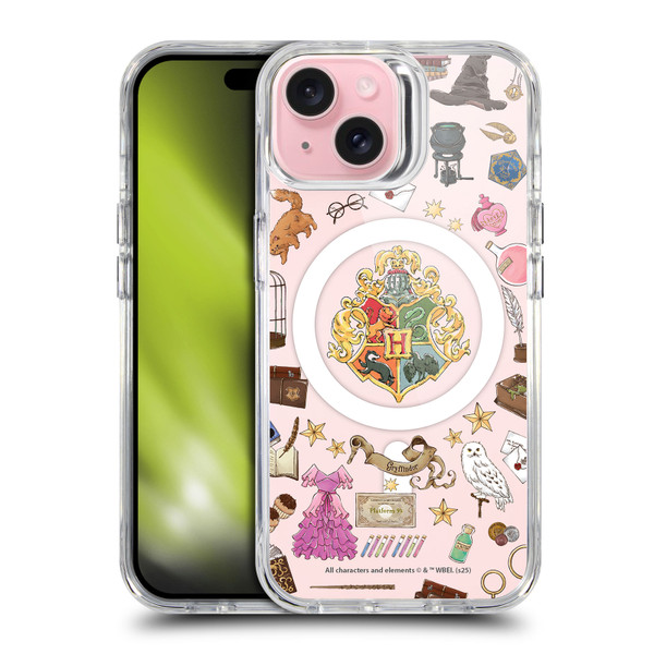 Harry Potter Magical Icons Hogwarts Pattern SHOCKPROOF BUMPER CASE COMPATIBLE WITH Apple iPhone 15 & MAGSAFE