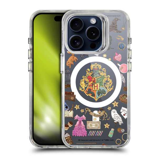 Harry Potter Magical Icons Hogwarts Pattern SHOCKPROOF BUMPER CASE COMPATIBLE WITH Apple iPhone 15 Pro & MAGSAFE
