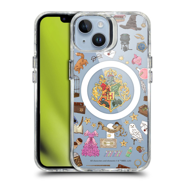 Harry Potter Magical Icons Hogwarts Pattern SHOCKPROOF BUMPER CASE COMPATIBLE WITH Apple iPhone 14 & MAGSAFE