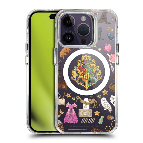 Harry Potter Magical Icons Hogwarts Pattern SHOCKPROOF BUMPER CASE COMPATIBLE WITH Apple iPhone 14 Pro & MAGSAFE