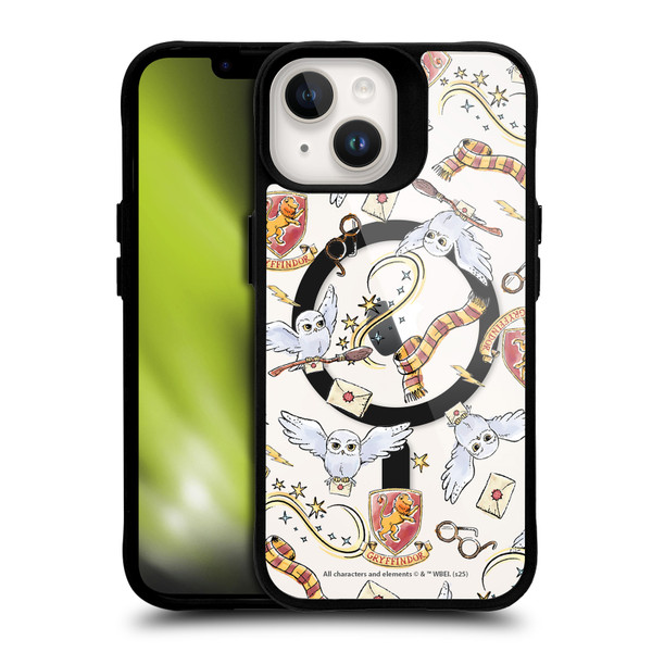 Harry Potter Magical Icons Hedwig Gryffindor Pattern BLACK SHOCKPROOF BUMPER CASE COMPATIBLE WITH Apple iPhone 14 & MAGSAFE